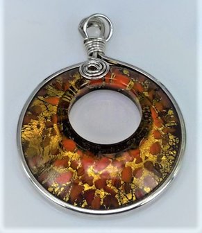 Murano hanger, rond goud met oranje stippen.