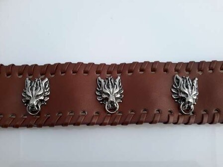 Brede leren armband, 3 leeuwenkoppen, bruin