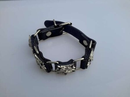 PU leren armband, 4 leren schakels met metalen stud vossenkop, zwart