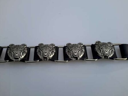 PU leren armband, 4 leren schakels met metalen stud panterkop, zwart