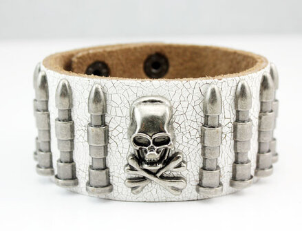 Leren armband met &#039;&#039;Bullits &amp; Skull&#039;&#039; studs. bruin, zwart en wit