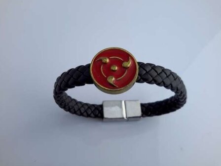 PU leren gevlochten armband, messing ring 3 vlammen, zwart