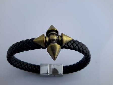 PU leren gevlochten armband, messing ring, 4 puntige medieval, zwart