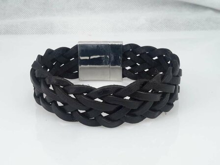 22 cm Lederarmband breit, schwarz, geflochten, Magnetverschluss