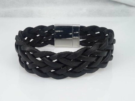 22 cm Lederarmband breit, schwarz, geflochten, Magnetverschluss