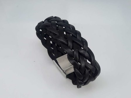 22 cm Leren armband breed, zwart, gevlochten, magneetsluiting