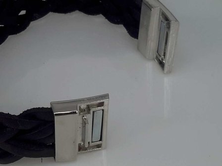 22 cm Leren armband breed, zwart, gevlochten, magneetsluiting