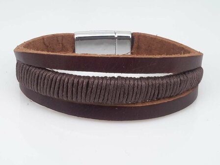 Leren Armband bruin, 3 stroken, touw, magneetsluiting