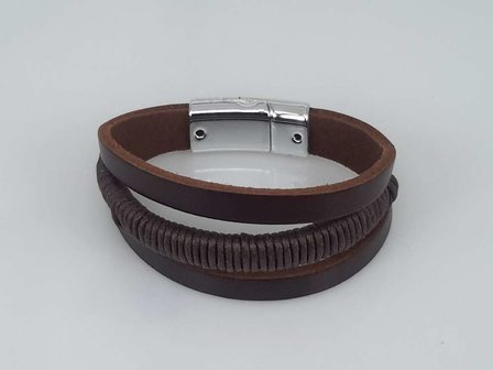 Leren Armband bruin, 3 stroken, touw, magneetsluiting