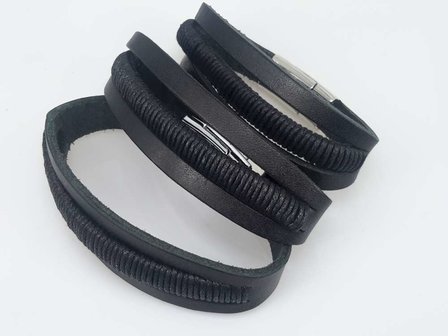Leren Armband zwart, 3 stroken, touw, magneetsluiting