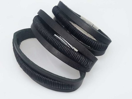 Lederarmband schwarz, 3 streifen, seil, Magnetverschluss