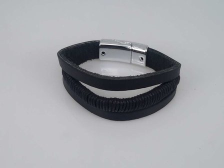 Leren Armband zwart, 3 stroken, touw, magneetsluiting