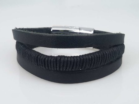 Leren kinderen armband zwart, 3 stroken, touw, magneetsluiting