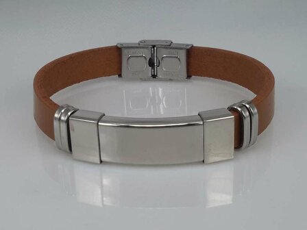 Leren armband lichtbruin, graveerplaat, edelstaalsluiting