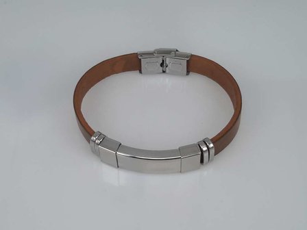 Leren armband bruin, graveerplaat in houder, edelstaalsluiting