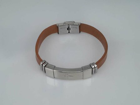 Leder Armband Hellbraun, Platte mit Gotik Schwert, Edelstahl-Verschluss