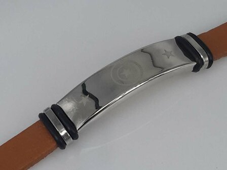 Leder Armband hellbraun, Platte + 6 Rechteck Gravur, Verschluss, Edelstahl