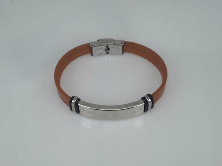 Leren armband lichtbruin, plaat + 6 rechthoek gravure, sluiting edelstaal