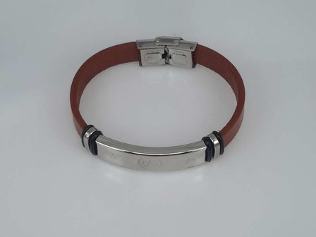 Leren armband roodbruin, plaat + 3 sterren 2 ringen gravure, sluiting edelstaal