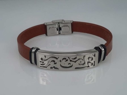 Leren armband roodbruin, plaat + krullen, sluiting edelstaal