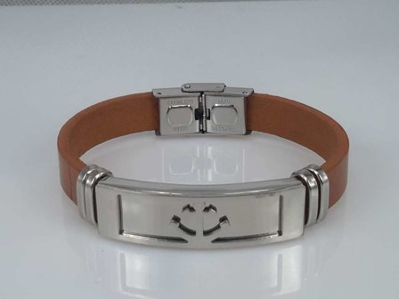 Leder Armband hellbraun, Platte + Anker, Verschluss, Edelstahl