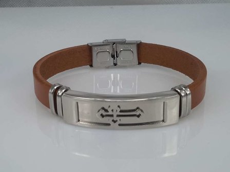 Leder Armband hellbraun, Platte + Kreuz, Verschluss, Edelstahl