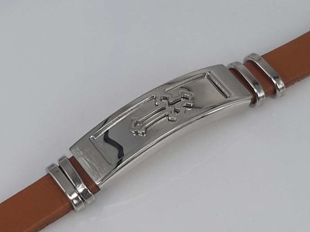 Leder Armband hellbraun, Platte + Kreuz, Verschluss, Edelstahl