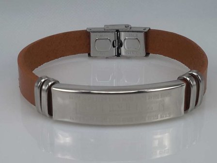 Leren armband lichtbruin, plaat breed motief, edelstaalsluiting