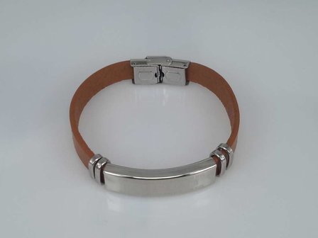 Leren armband lichtbruin, plaat breed motief, edelstaalsluiting