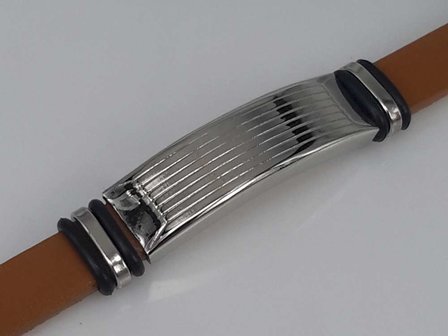 Leder Armband hellbraun, Platte + 6 Rechteck Gravur, Verschluss, Edelstahl