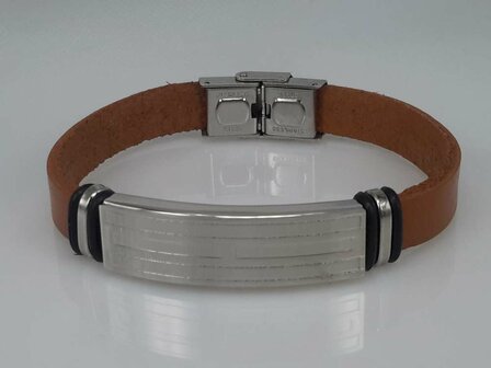 Leren armband cognackleur, plaat + rechthoek gravure, sluiting edelstaal