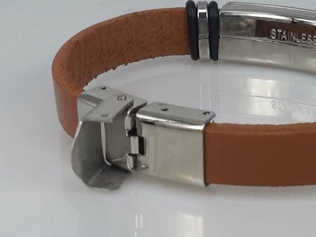 Leder Armband cognacfarbe, Platte + Rechteck Gravur, Verschluss, Edelstahl