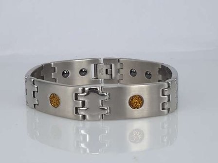 Edelstaal magneet armband, breed, langwerpige metalen schakels, rondje goudkleur glitter, shungite steen