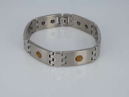 Edelstaal Magnet armband, breed, langwerpige metalen schakels, rondje goudkleur glitter, shungite steen