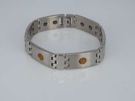 Edelstaal magneet armband, breed, langwerpige metalen schakels, rondje goudkleur glitter, shungite steen