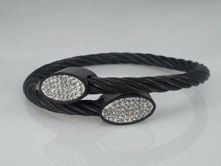 Edelstaal Armband zwart, kabel, 2 oog strass