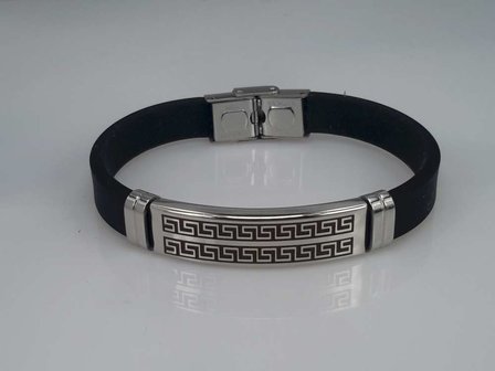 Armband zwart, gebogen plaat, motief, sluiting edelstaal