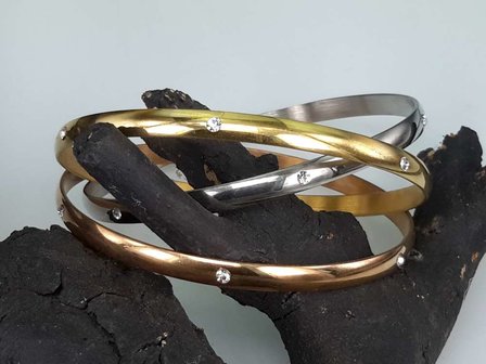 Set (Silber, Gold, Ros&eacute;) Edelstahl Slave Armband mit 6 Kristall um ihn herum.