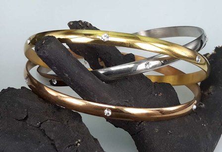 Set (Silber, Gold, Ros&eacute;) Edelstahl Slave Armband mit 6 Kristall um ihn herum.