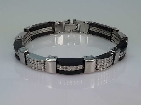 Edelstalen schakel armband met Zwart Rubber.