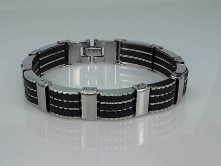 Gliederarmband aus Edelstahl mit schwarzem Kautschuk.