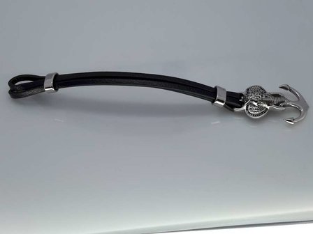 Leren-Armband zwart, 3 riem, rvs olifantenkop anker, haaksluiting