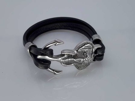 Leren-Armband zwart, 3 riem, rvs olifantenkop anker, haaksluiting