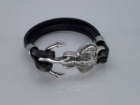 Lederarmband schwarz, 3 Riemen, Elefantenkopfanker aus Edelstahl