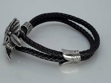 Leren-Armband zwart, duo vlecht, rvs indianentooi skull