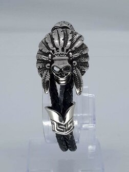 Leren-Armband zwart, duo vlecht, rvs indianentooi skull