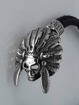 Leren-Armband zwart, duo vlecht, rvs indianentooi skull