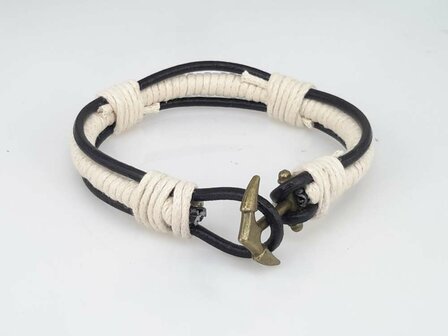 Leren armband, zwart, touw wit, anker - Import & Lili