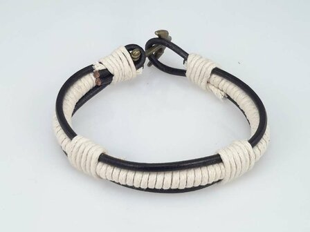 Leren veter armband, zwart, touw wit, anker