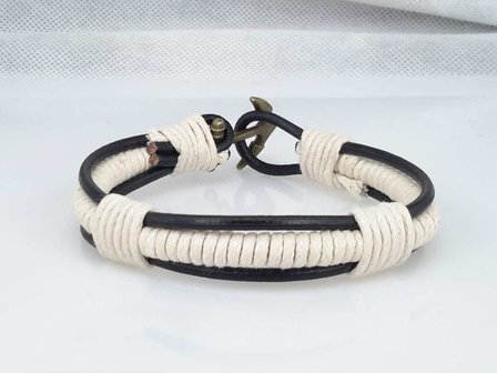 Leren veter armband, zwart, touw wit, anker